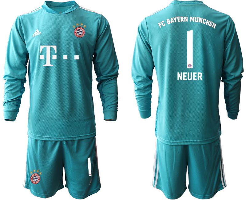 Men 2020-2021 club Bayern Munich lake blue long sleeve goalkeeper #1 Soccer Jerseys